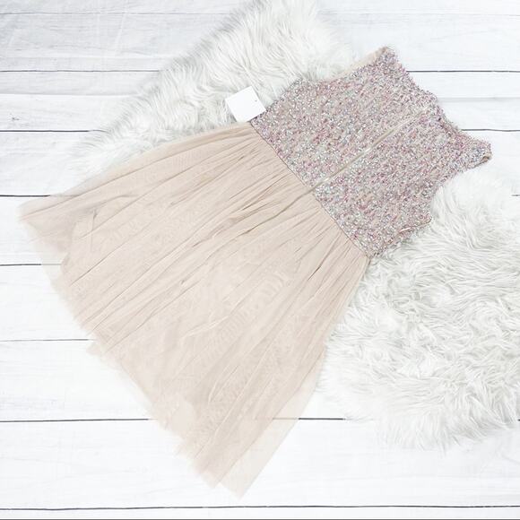 ASOS Maya Petite Sequin Square Neck Mini Prom Skater Dress in‎ Taupe Blush 8 8P - Picture 6 of 7